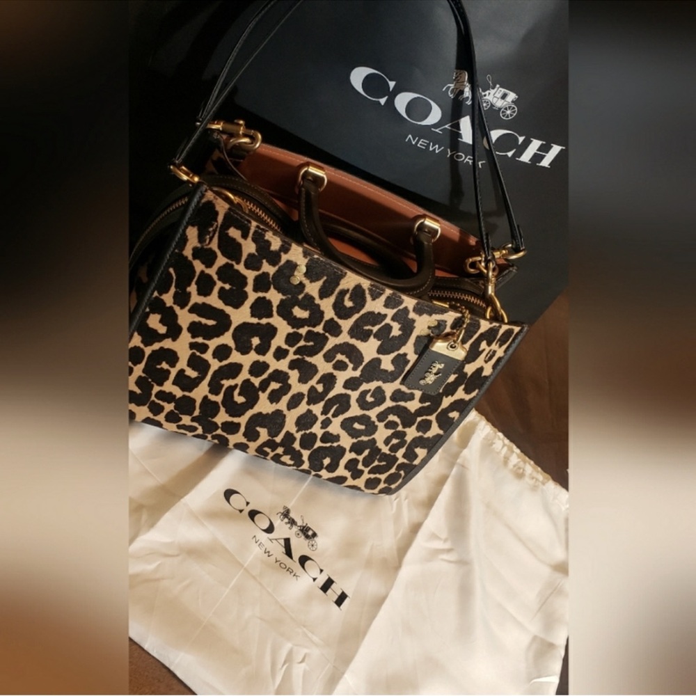 Coach Leopard Print Top-Handle Tote in Black and Tan